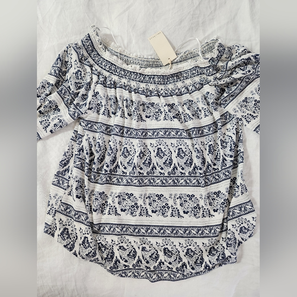 NWT Melloday women’s white and blue off shoulder half sleeve boho top - Picture 4 of 12